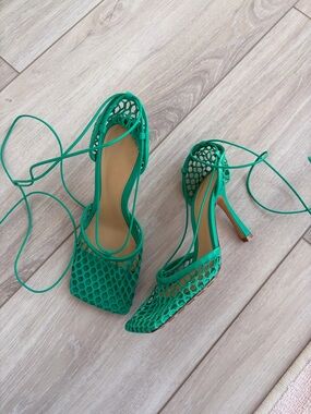 Bottega Veneta Teal Lace-Up Heels